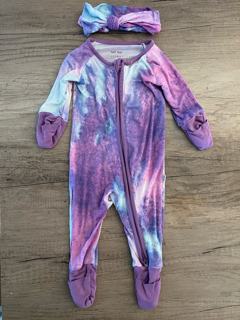 Little Sleepies Purple Tie-Dye Bamboo Zippy W/ Matching Headband EUC Sz Newborn